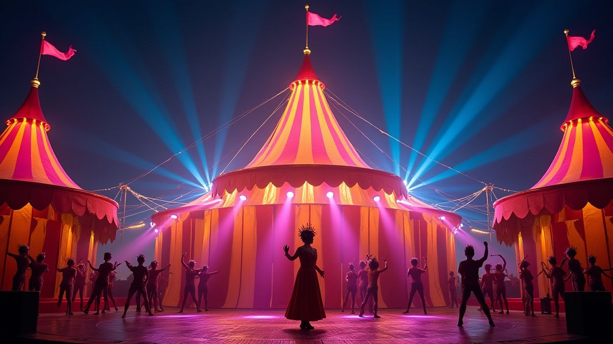 Uma tenda de circo vibrante com luzes coloridas e artistas fazendo malabares.