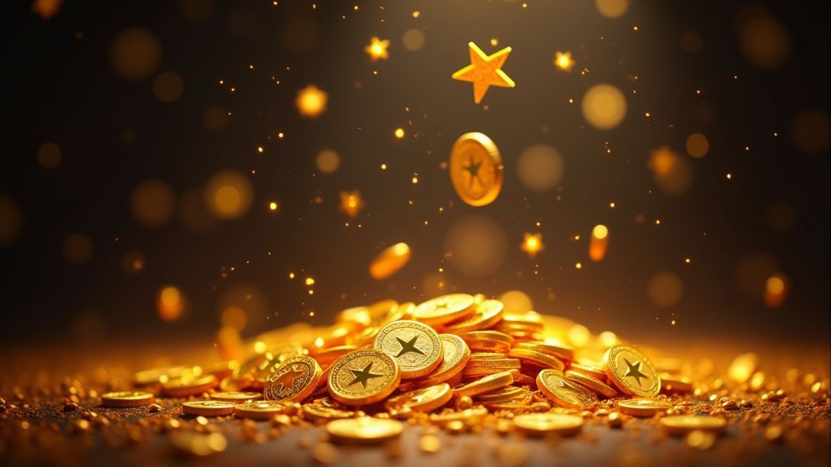 Moedas douradas e estrelas brilhantes caindo em um ambiente mágico.