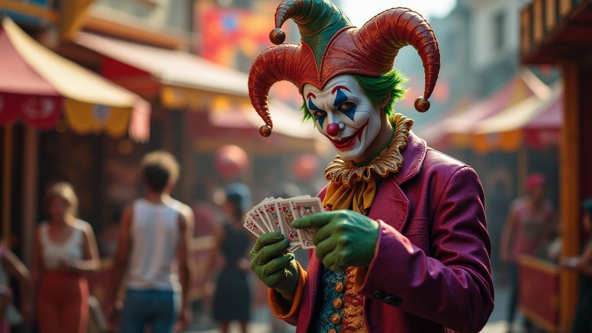 Um bobo da corte segurando um baralho de cartas em um carnaval colorido.