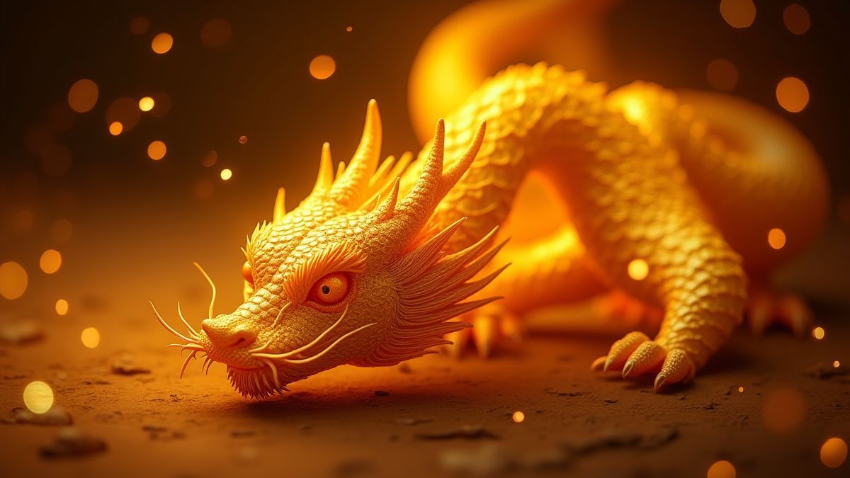 Écailles dorées de dragon brillantes dans l'obscurité.