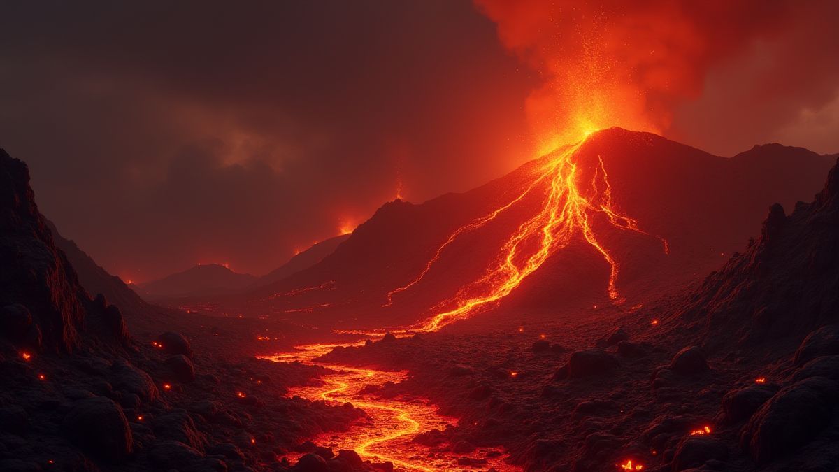 Paysage volcanique avec de la lave en fusion et des symboles lumineux.