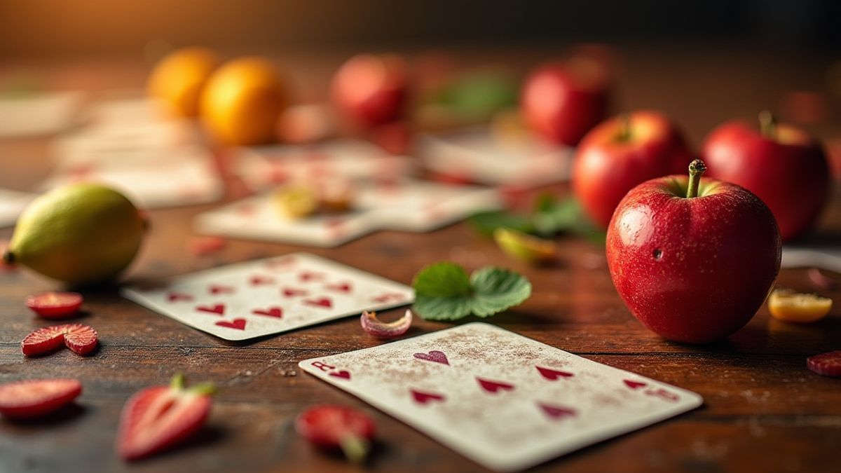 Fruit symbols and cards on a wooden table