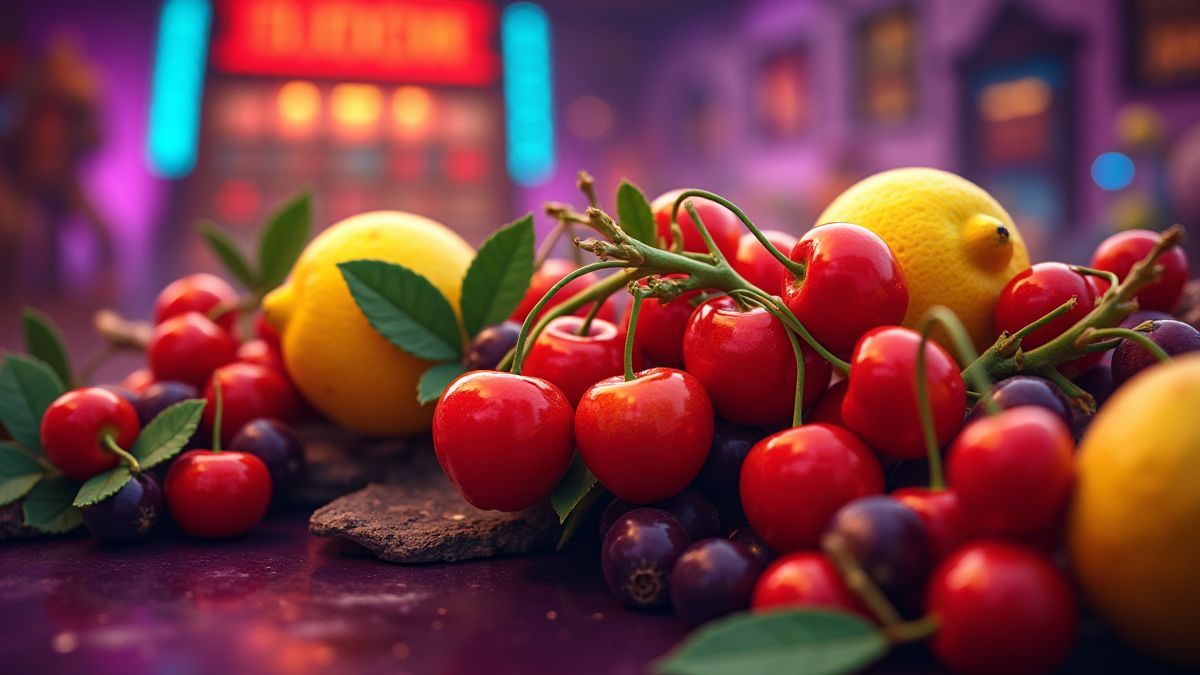 Símbolos de frutas em uma máquina tragamonedas vibrante.