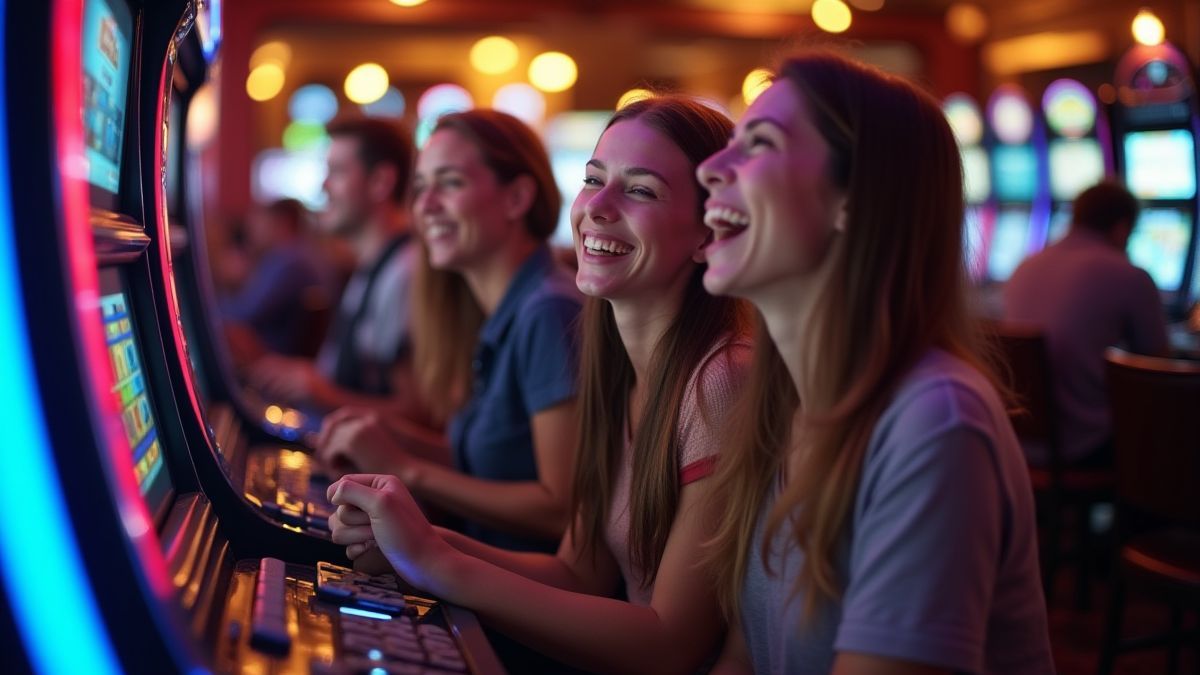 Groupe d'amis animés jouant aux machines à sous.