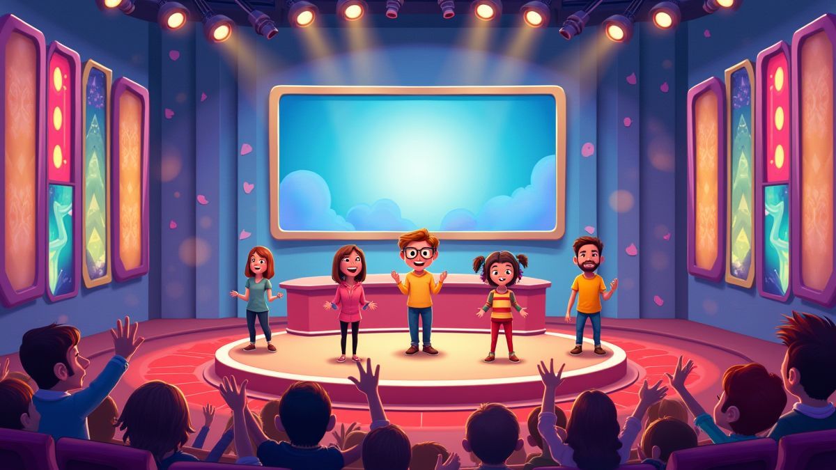 Escenario de programa de televisión con concursantes animados.