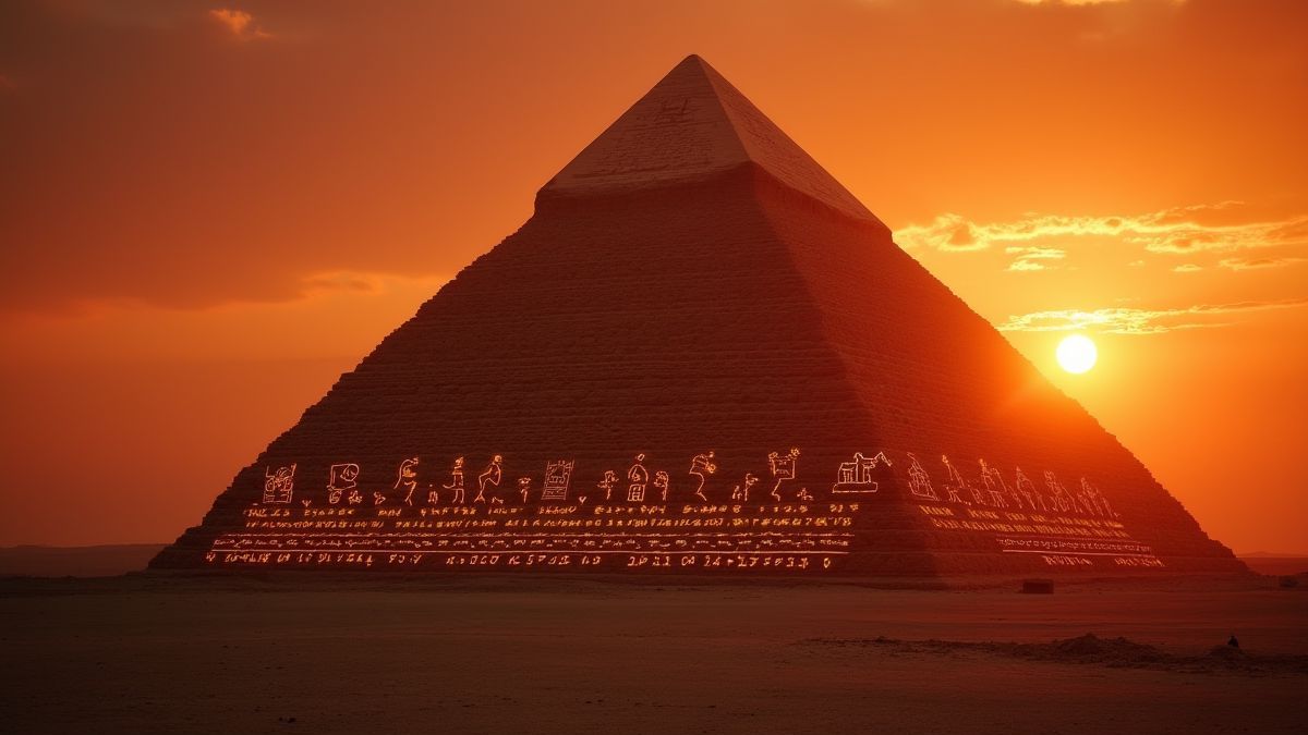 Piramide egipcia durante el atardecer con jeroglíficos brillantes.