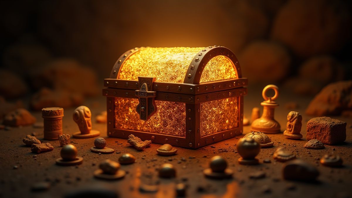 Cofre del tesoro rodeado de artefactos egipcios como escarabajos y ankhs.