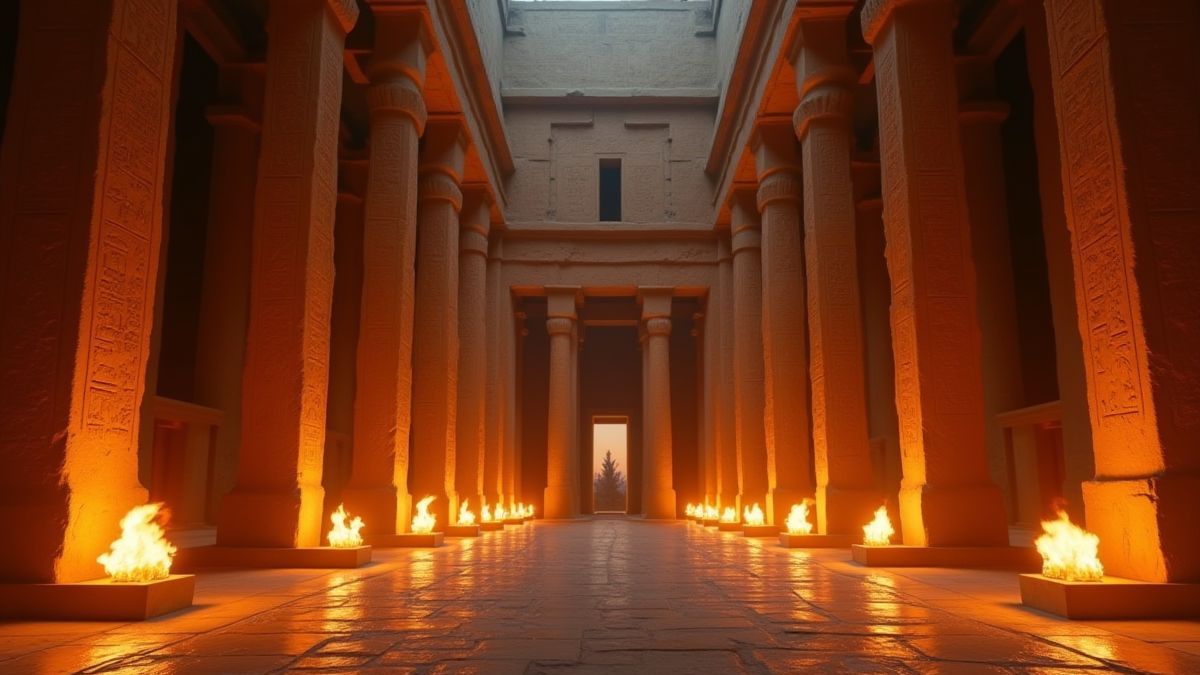 Interior de un templo egipcio con antorchas brillantes y paredes cubiertas de jeroglíficos.