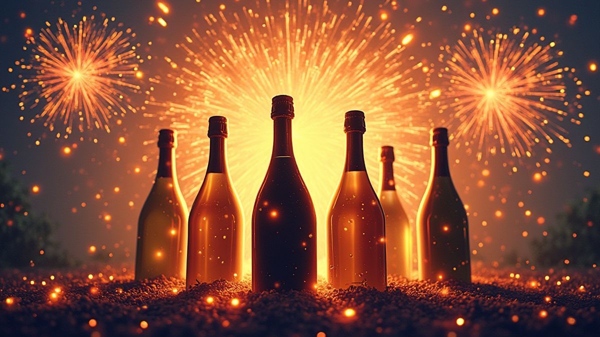 Champagne bottles surrounded by fireworks.
