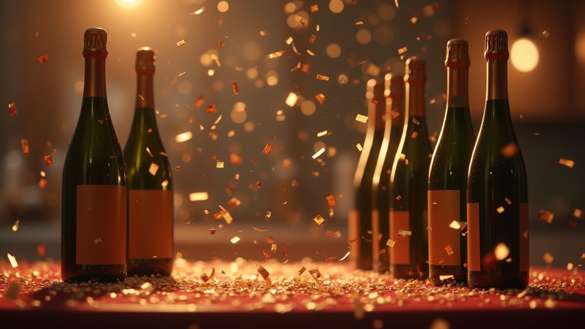 Champagne bottles and confetti at a New Year's celebration.