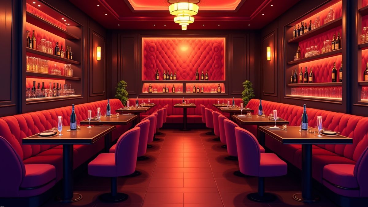 A VIP lounge with champagne bottles and velvet seats.