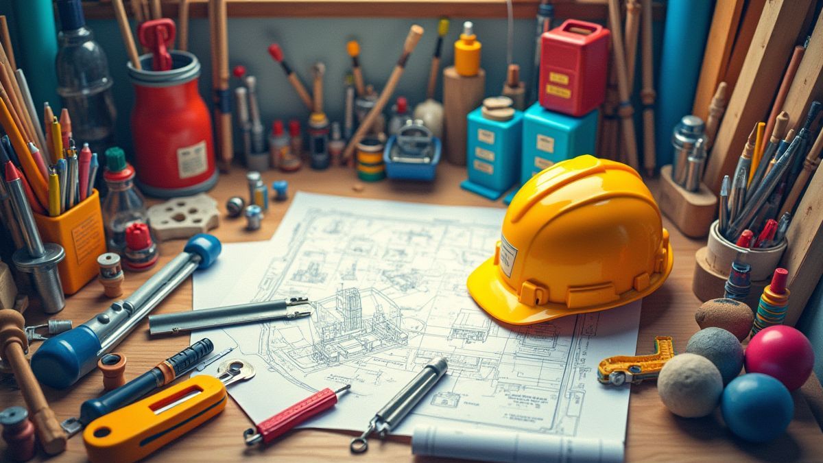 Um workshop cheio de ferramentas e planos em um ambiente colorido.