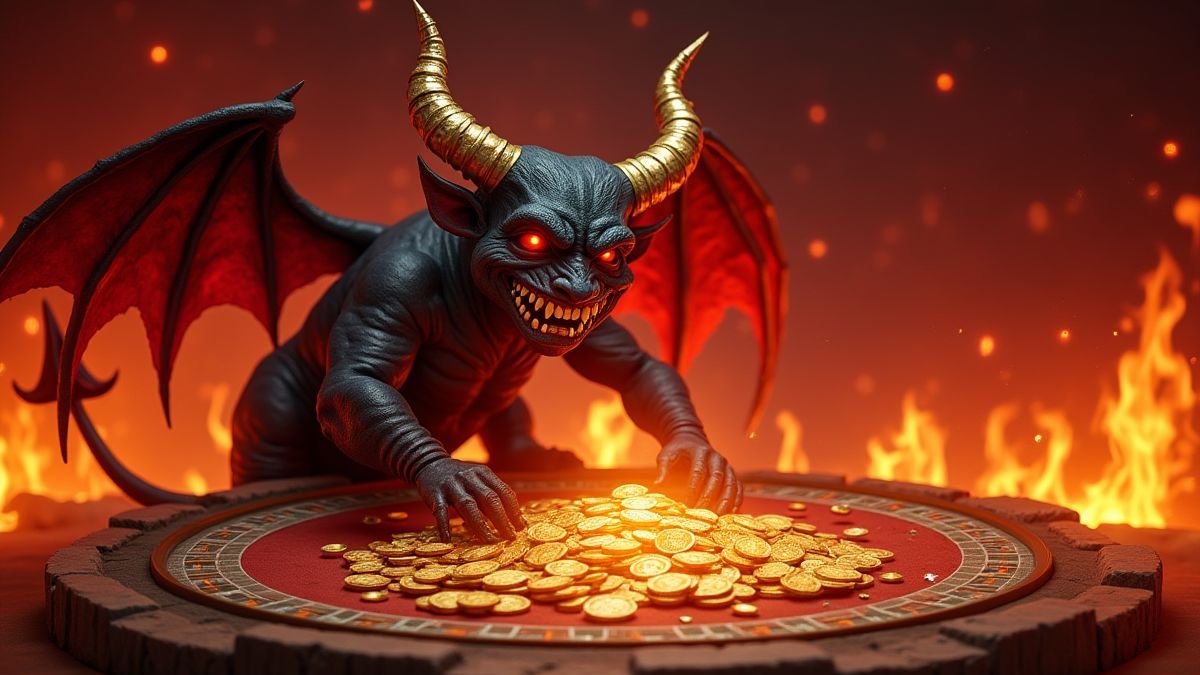 Un casino infernal con llamas y monedas de oro decorando el entorno.