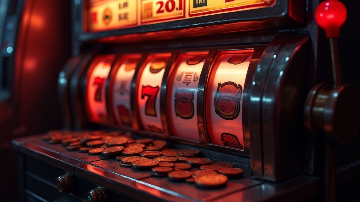 Retro slot machine with bright lights and coins.