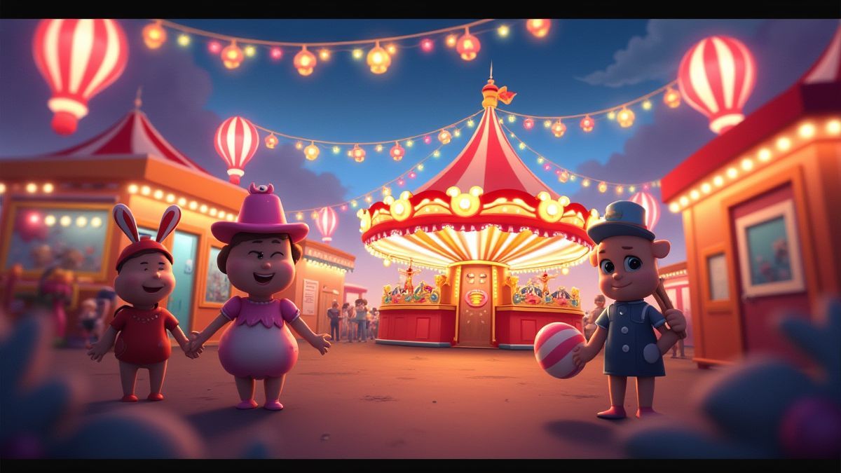 Bright carnival with colorful lights and cheerful characters.