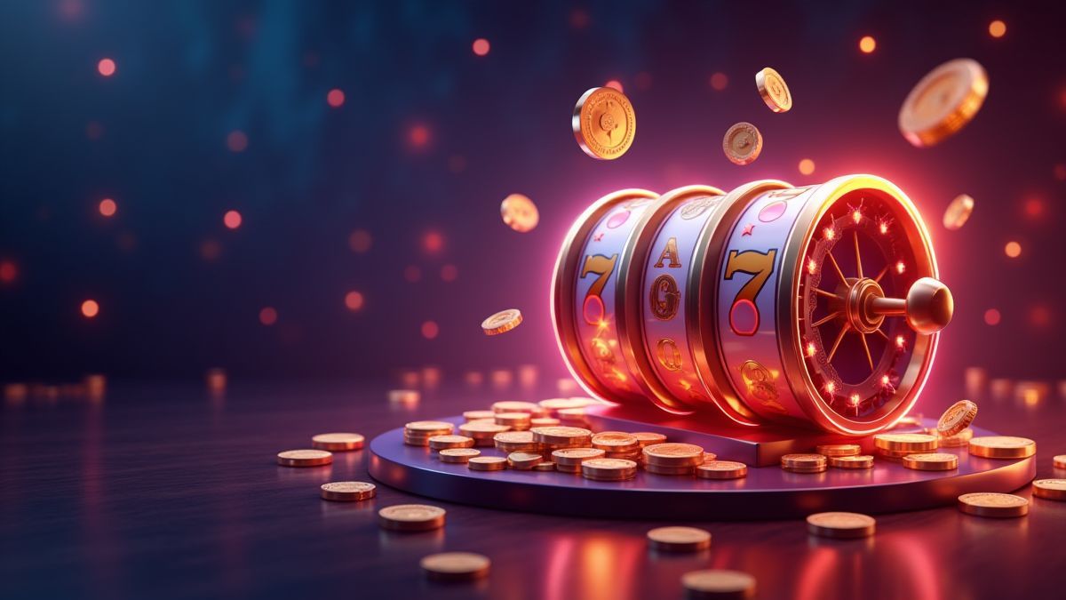 Virtual casino environment with glowing reels and floating coins.