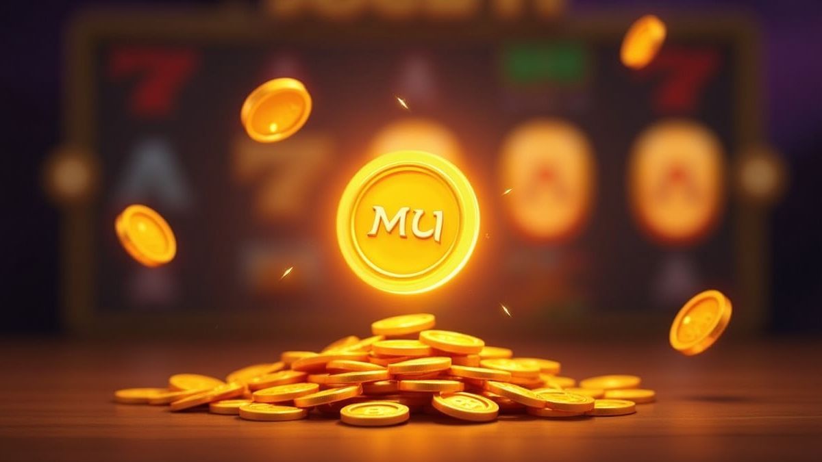 Glowing coins with a multiplier icon in front of a slot reel.