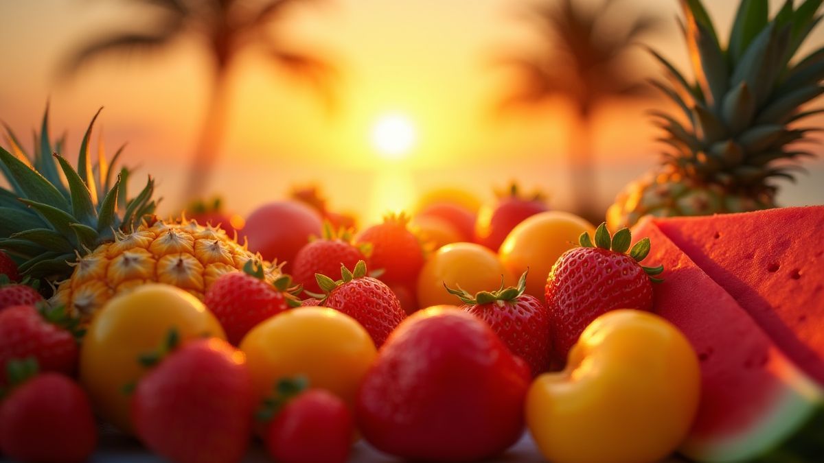 Leuchtende Früchte unter einem tropischen Sonnenuntergang.