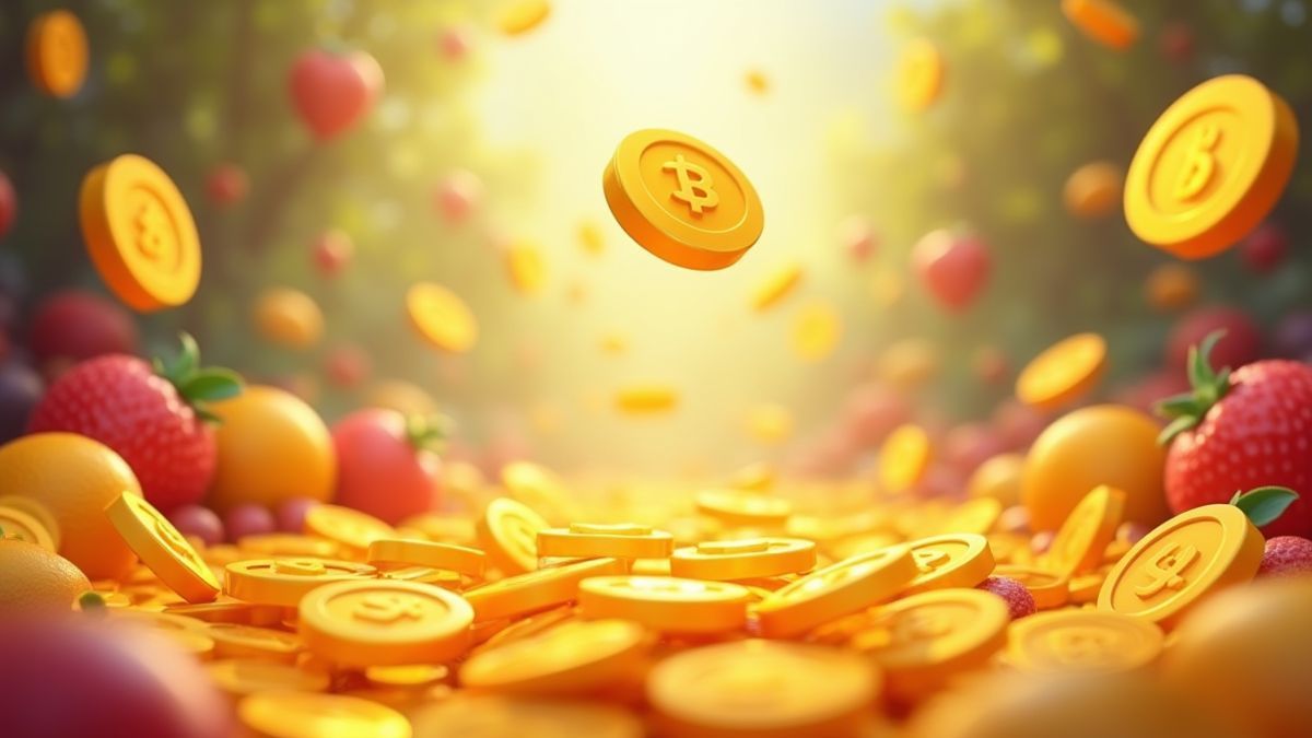 Münzen fallen in einer bunten Umgebung.