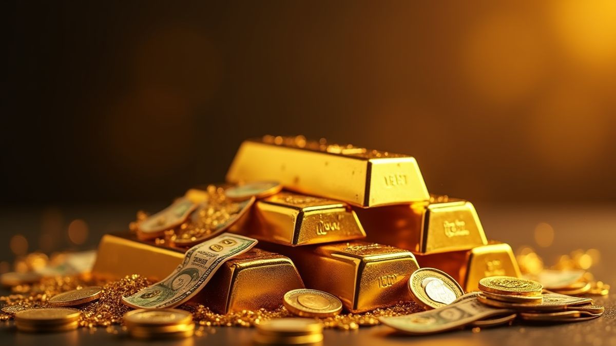 Lingotes de oro y dinero en efectivo con el logo de NetEnt de fondo.