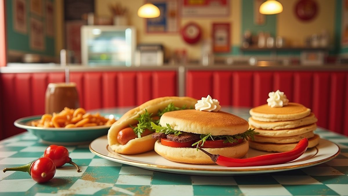 Un restaurant rétro avec de la restauration rapide sur la table.