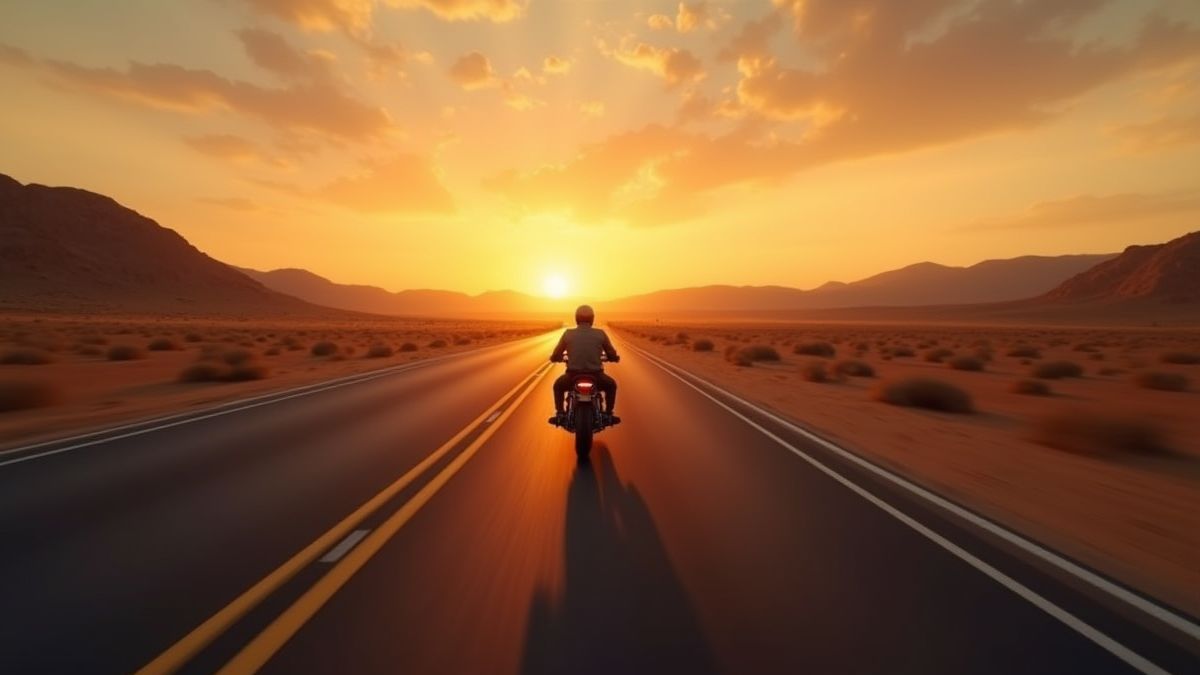 Une route désertique avec une moto sous un ciel de coucher de soleil.