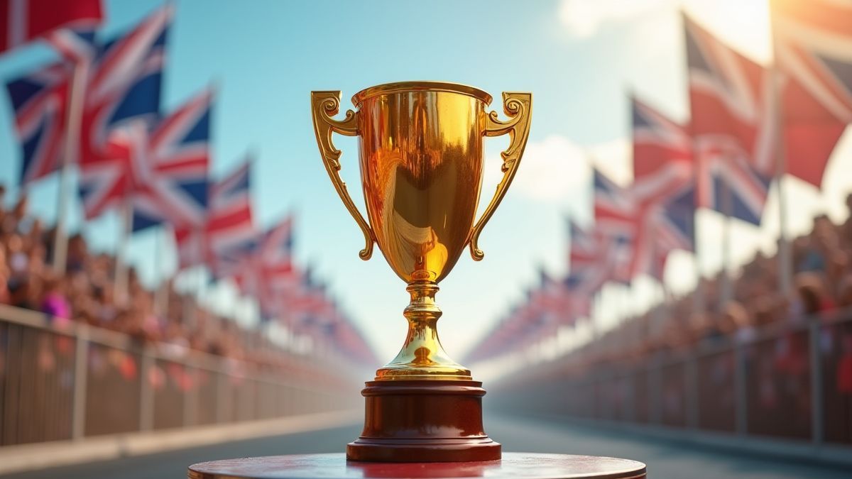 Golden trophy on a podium with racing flags.