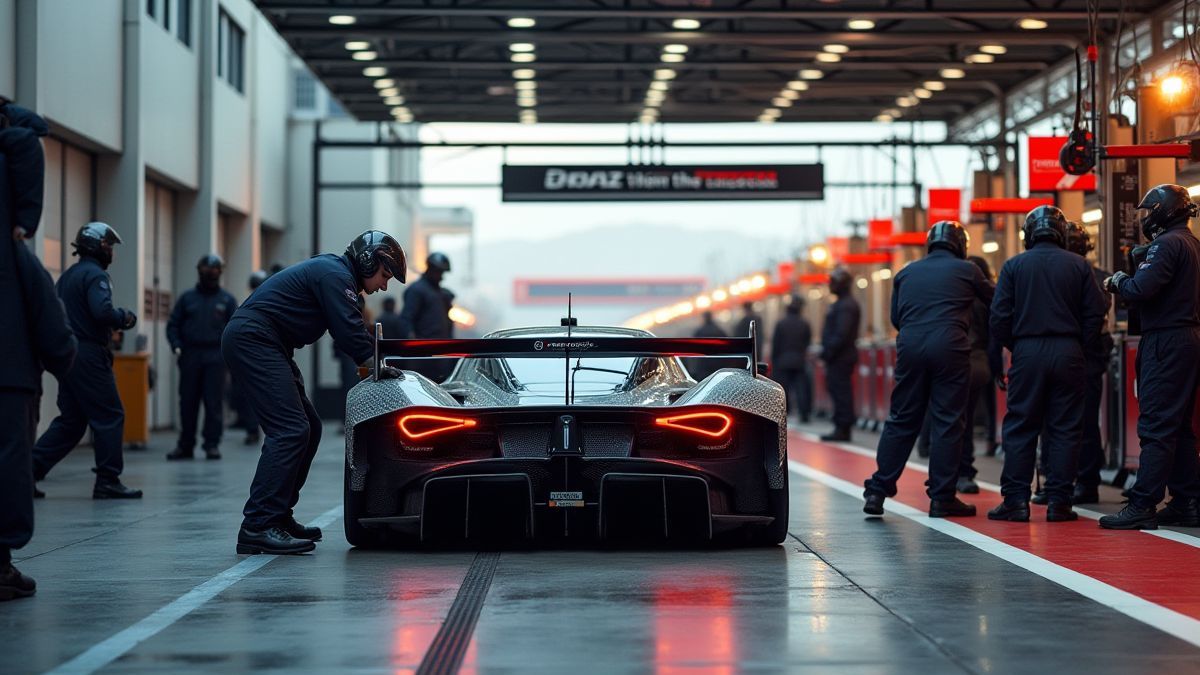 Pit stop area with mechanics working on a race car.