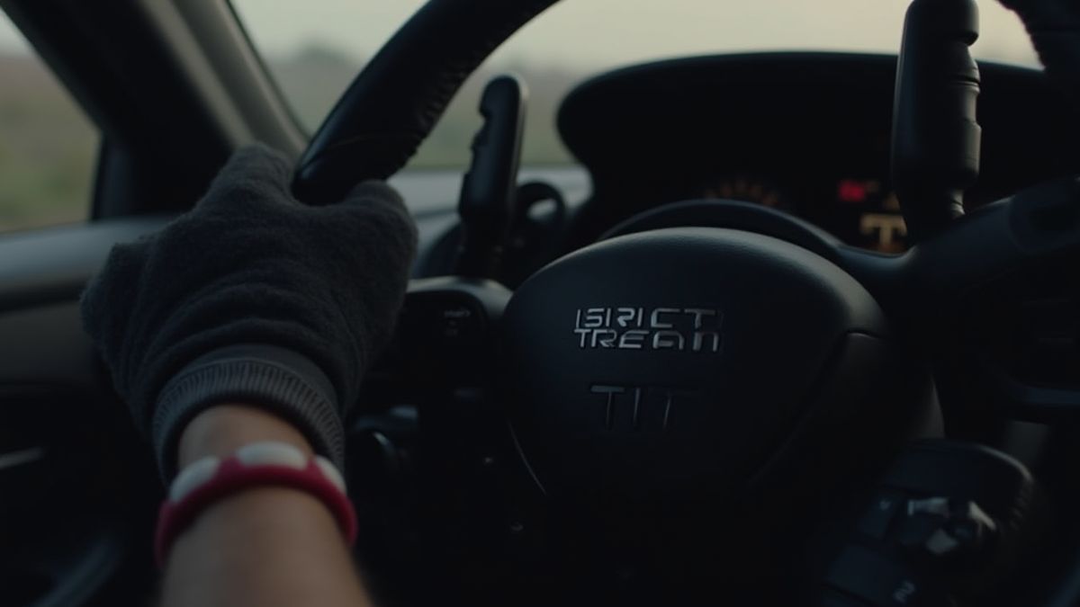 Driver with racing gloves gripping the steering wheel.