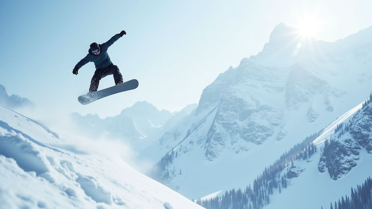 Snowboarder fazendo uma acrobacia em montanhas nevadas.