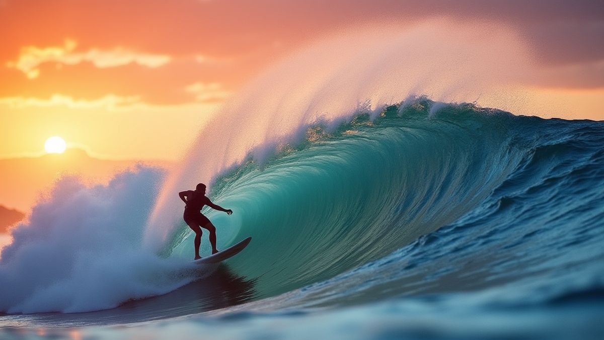 Surfista cavalgando uma grande onda ao pôr do sol.