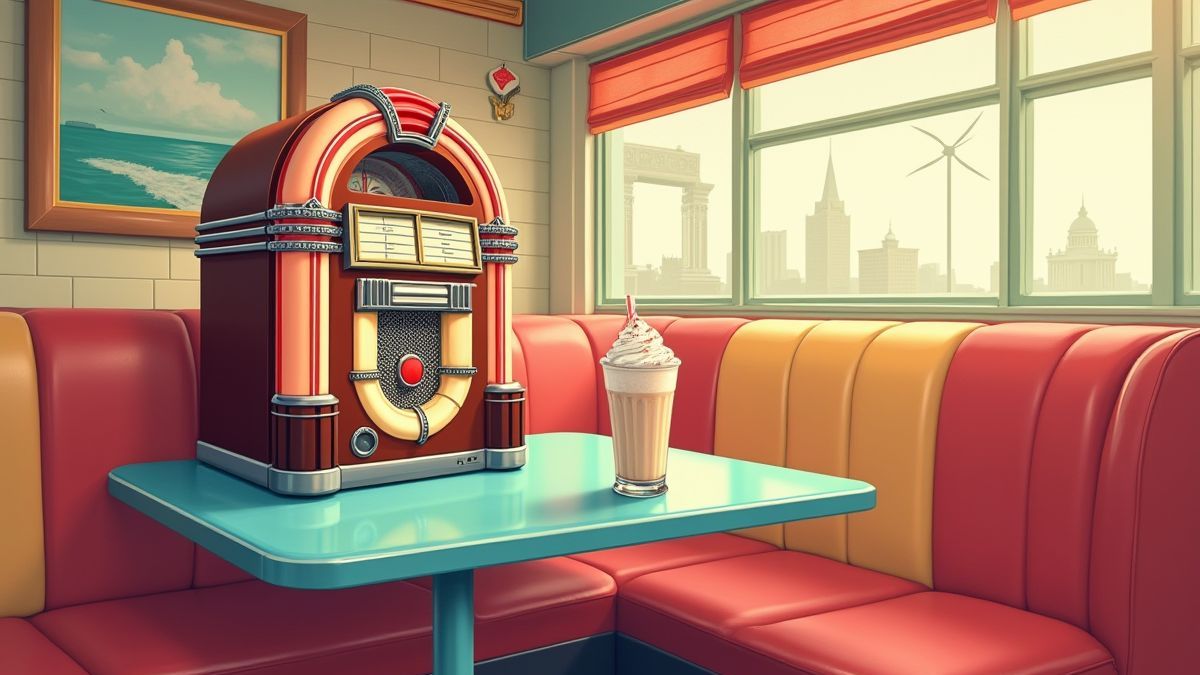 Desenho de um jukebox e um milkshake em um restaurante retro.