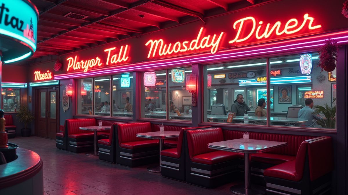 Um restaurante retro com luzes de néon.