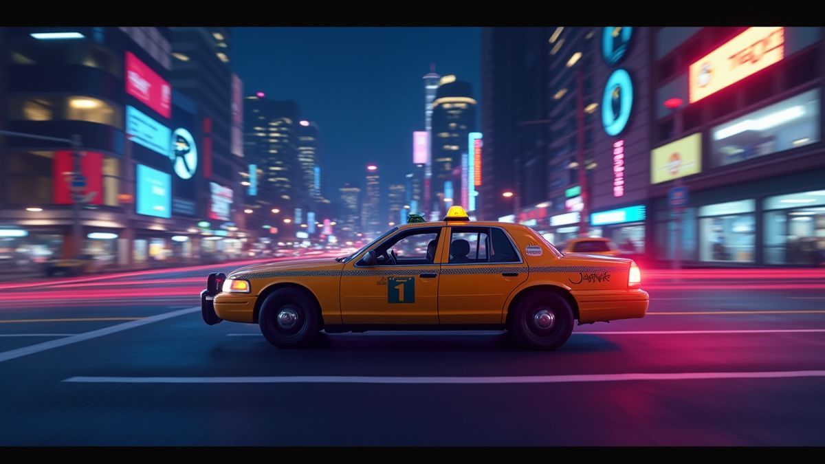 A neon-lit taxi in a modern city at night.