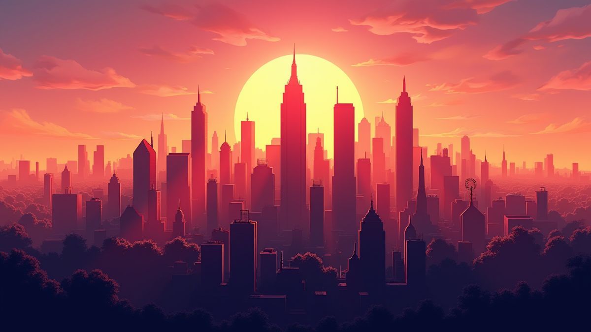 Skyline of a modern city at sunset with illuminated skyscrapers.