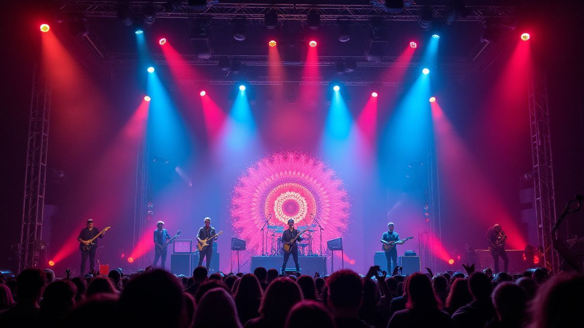 Psychedelic rock concert stage with colorful lights.