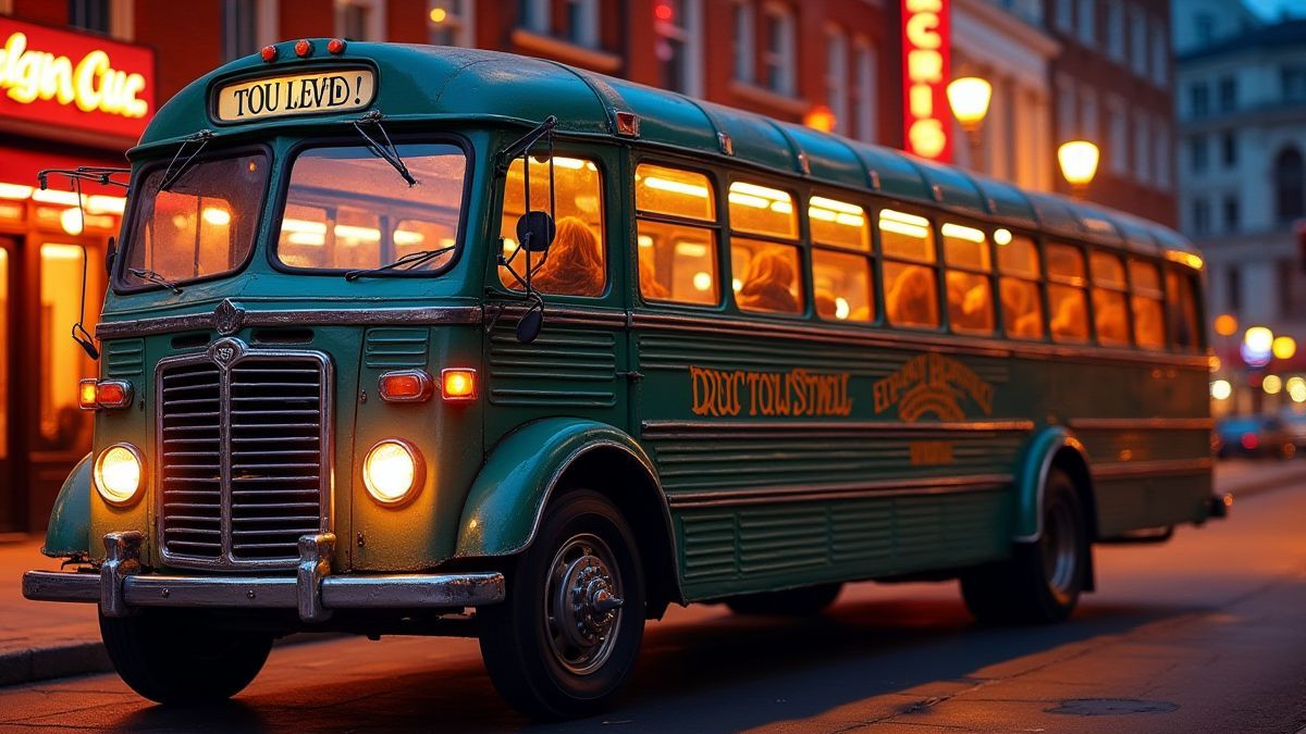 Vintage tour bus with rock band logo.