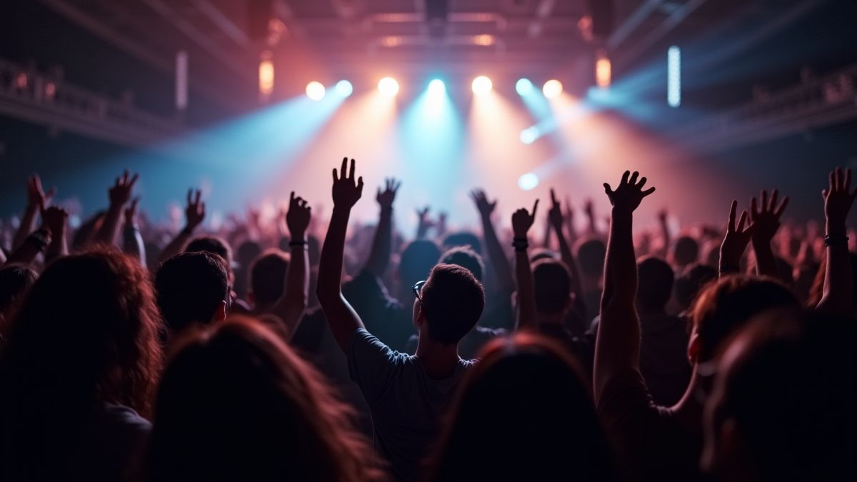 Crowd at a rock concert applauding under bright lights.