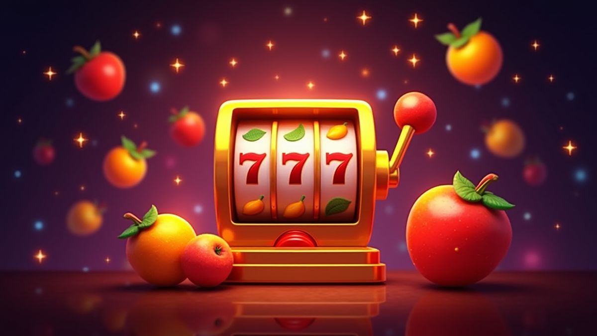 Ein Spielautomaten umgeben von leuchtenden Obstsymbolen.