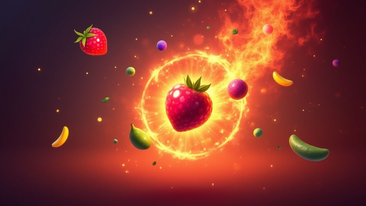 Obstsymbole, die in einer magischen, feurigen Aura schweben.