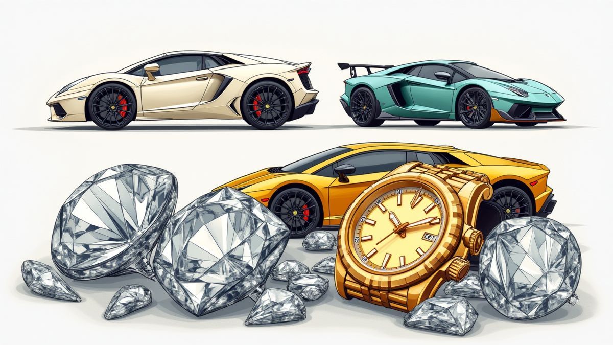 Luxussymbole wie Diamanten und goldene Uhren.
