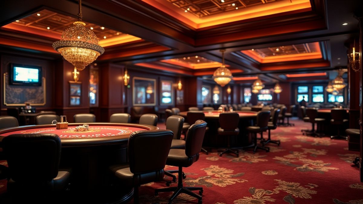 Innenansicht eines eleganten Casinos mit gedämpftem Licht und goldenen Akzenten.