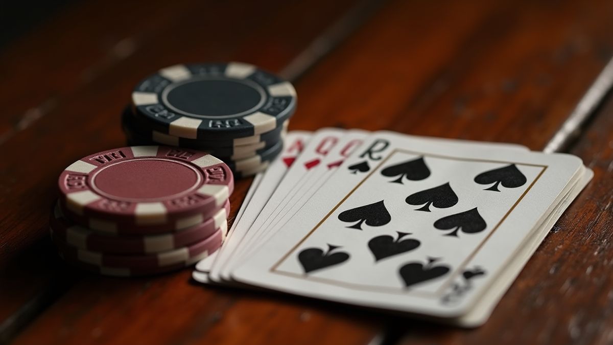 Poker hand with cards and chips on a classic wooden table.