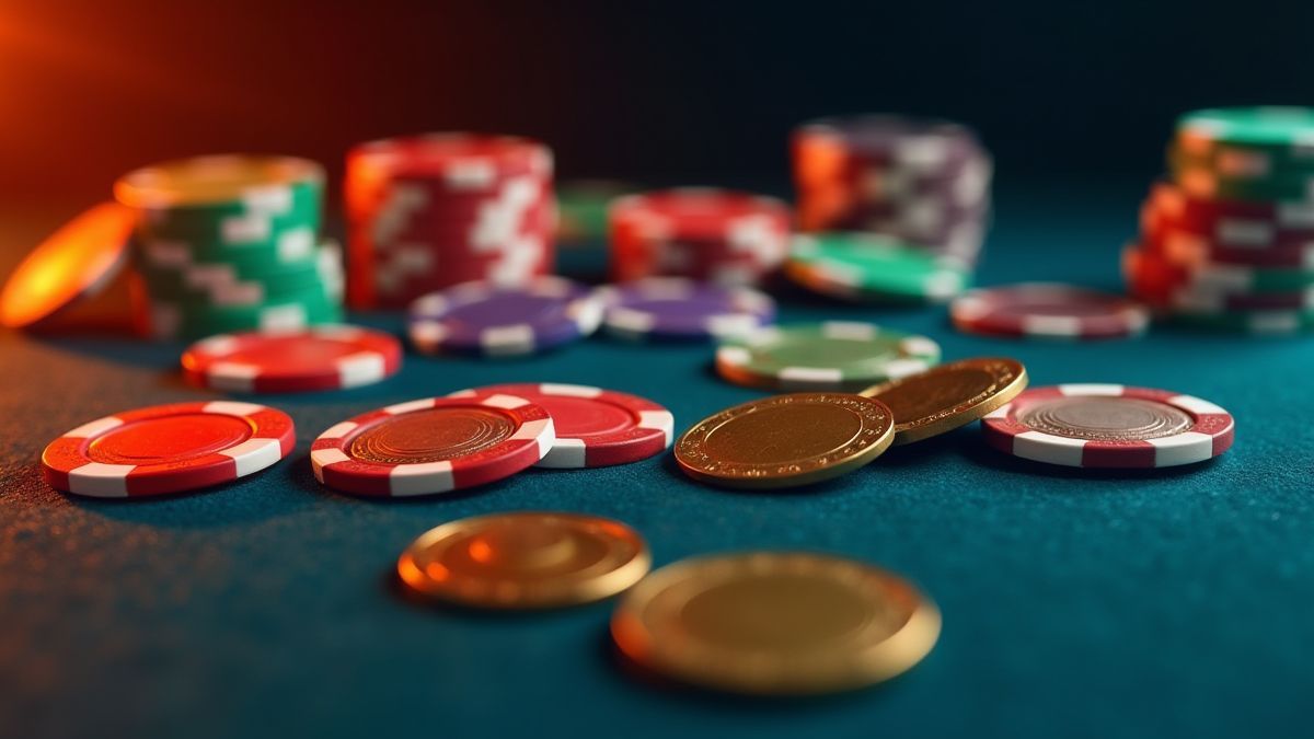 Casino chips and coins on a table.