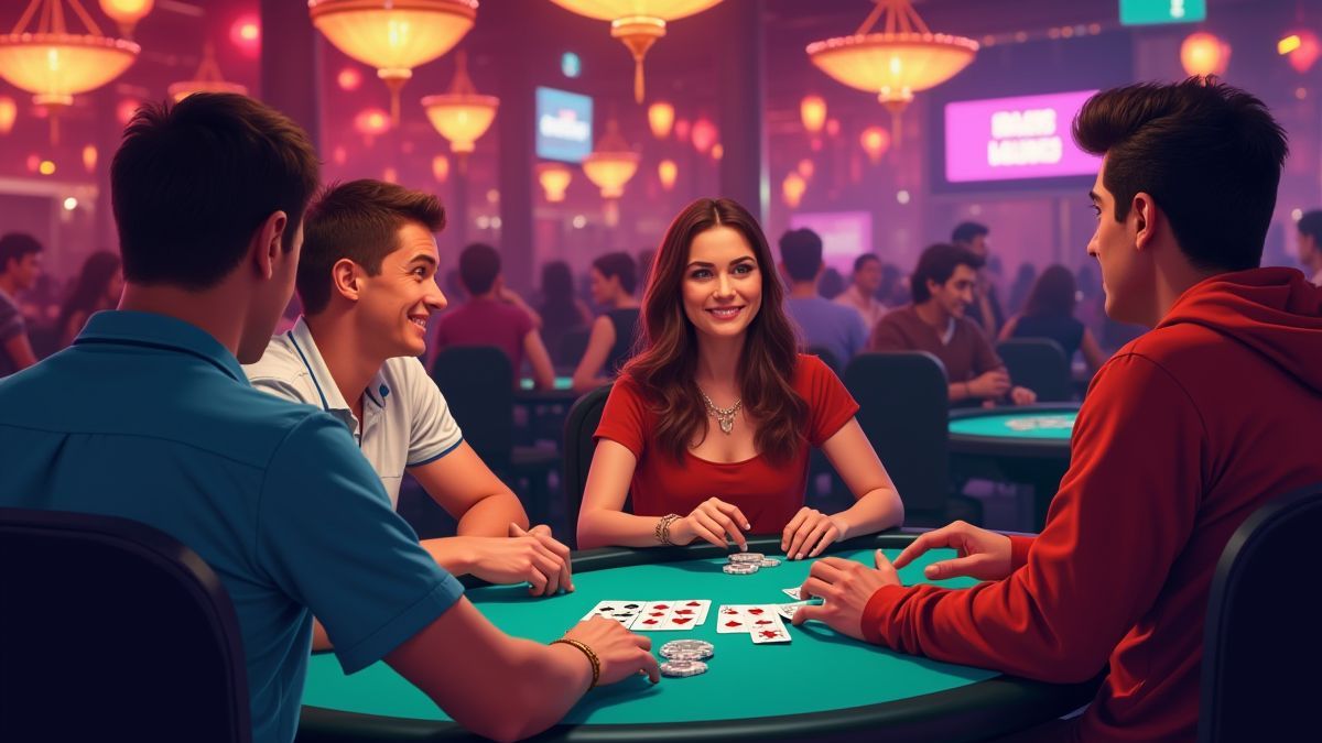 Players enjoying a poker game in a lively casino.