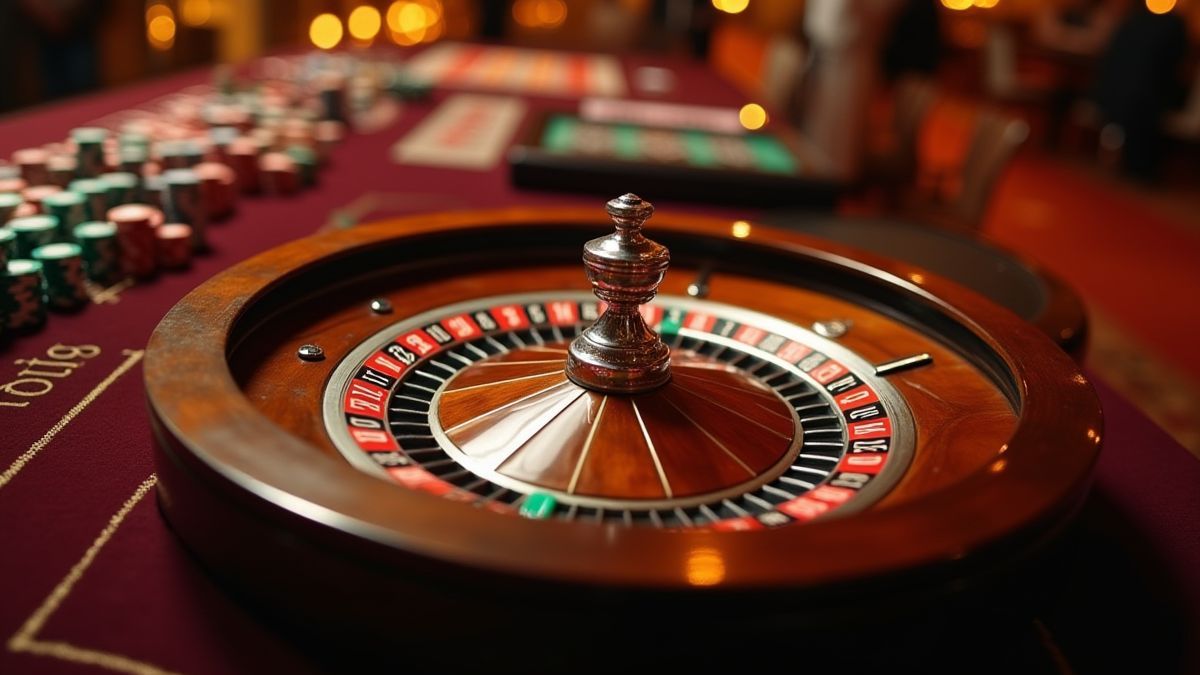 Elegant roulette table with chips and casino lights