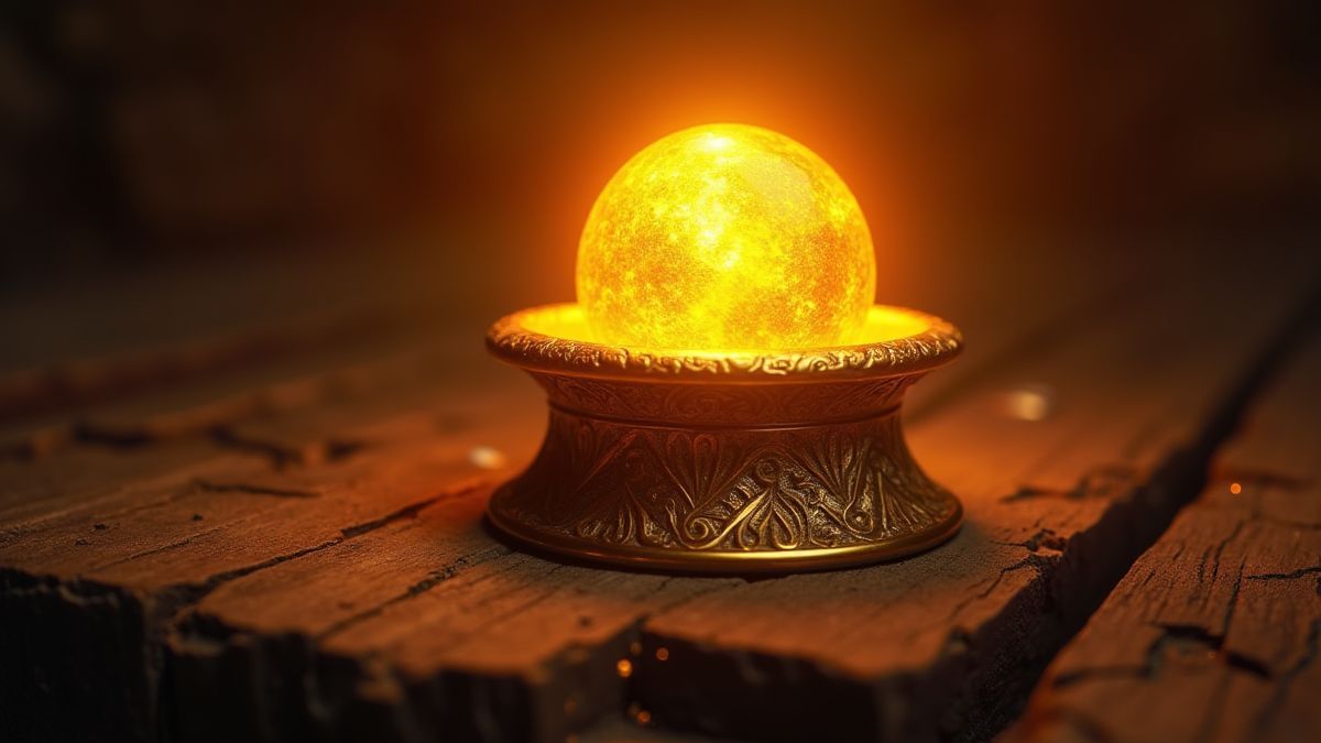 Gouden orb die de rollen van een middeleeuwse slot verlicht.