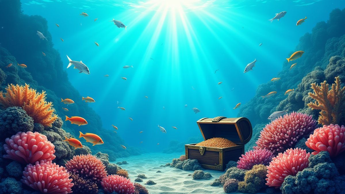 Ein Korallenriff mit Fischen und einer Schatztruhe.