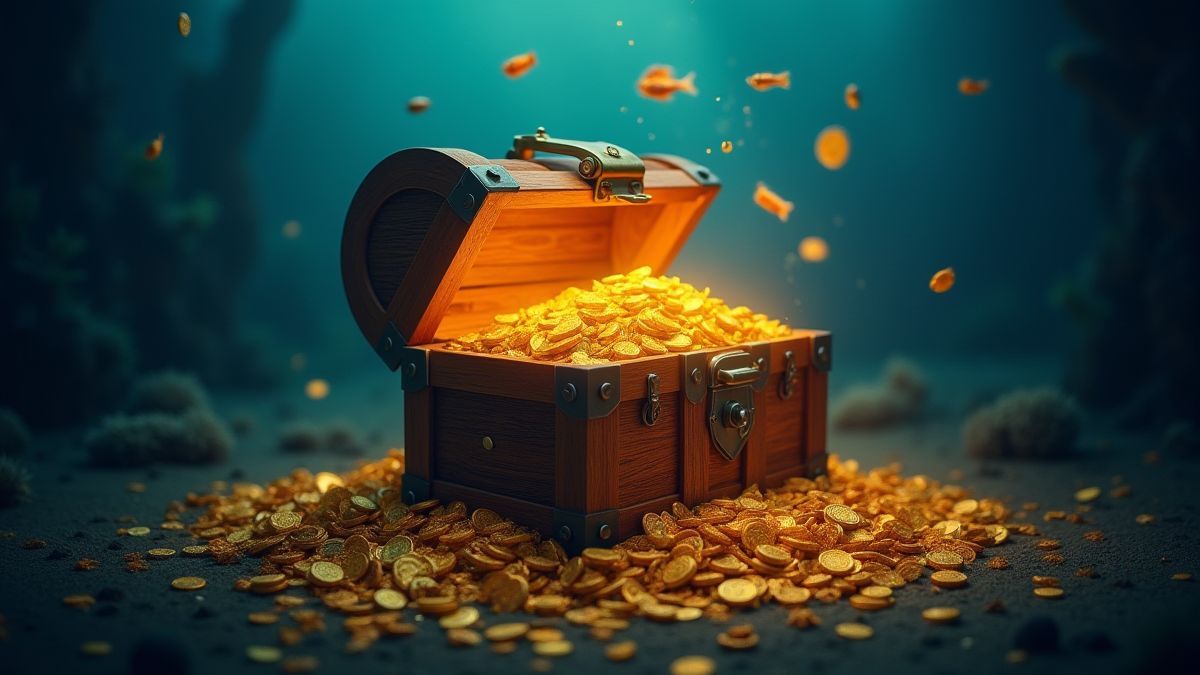 Eine leuchtende Schatztruhe umgeben von goldenen Münzen.