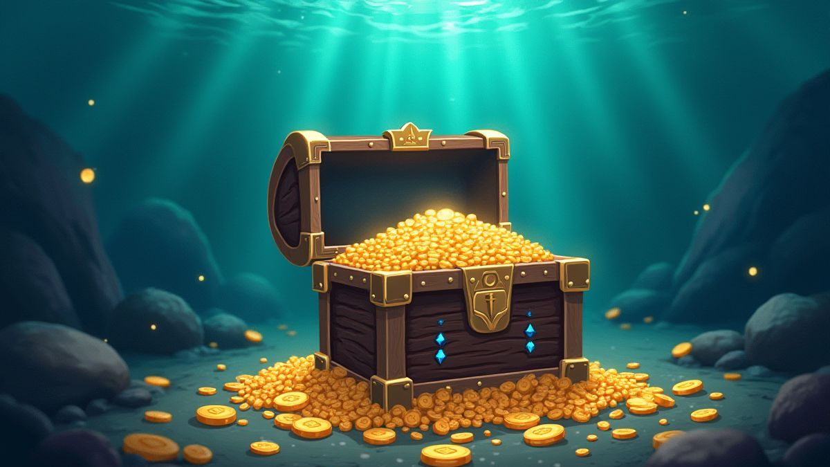 Un cofre del tesoro rodeado de monedas y joyas brillantes en el fondo del mar.